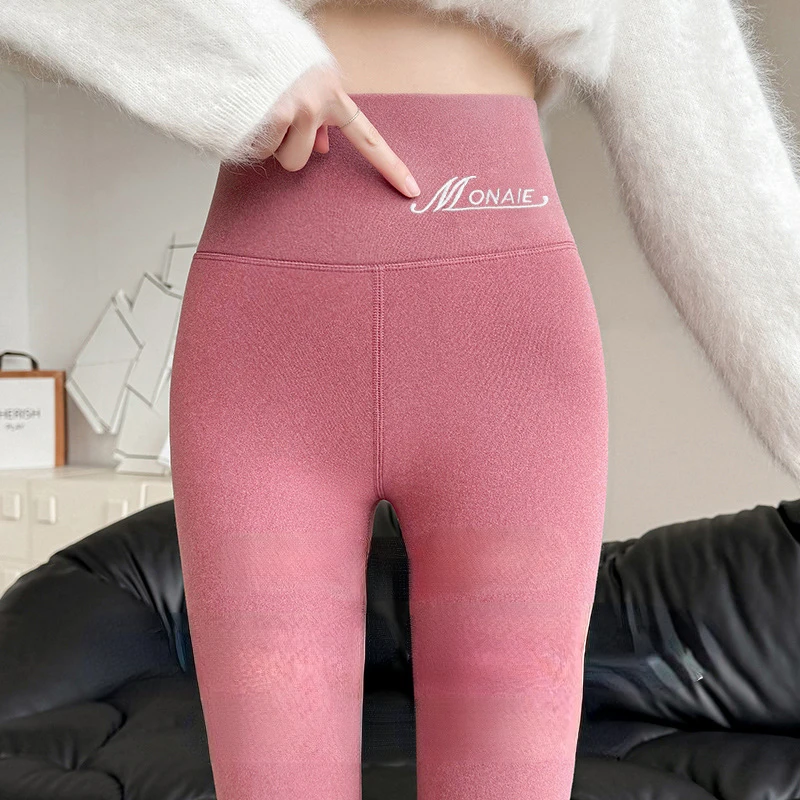 Leggings de caxemira de inverno feminino sólido quente leggings cintura alta magro calças elásticas tamanho grande adicionando veludo e espessamento calças