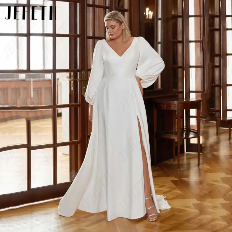 

JEHETH Puff Sleeves A-Line Wedding Dresses Plus Size V-Neck Satin White Bridal Gowns For Woman Gorgeous Sexy Vestido De Mariages