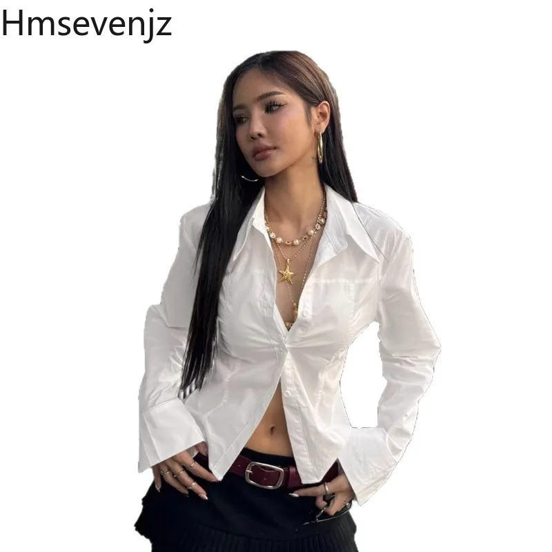 Hmsevenjz Spicy Girl 플레어 슬리브 백 탄성 셔츠 여성 여름 턴 다운 칼라 경량 슬림 피트 셔츠 여성 의류