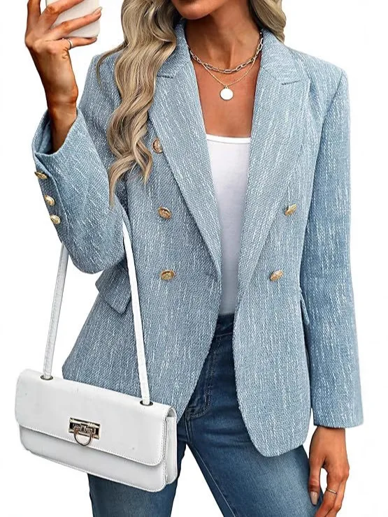 Women Elegant Double Breasted Blazer Light Blue Textured Suit Jacket Casual Work Office Outerwear Long Sleeve Autumn Coat