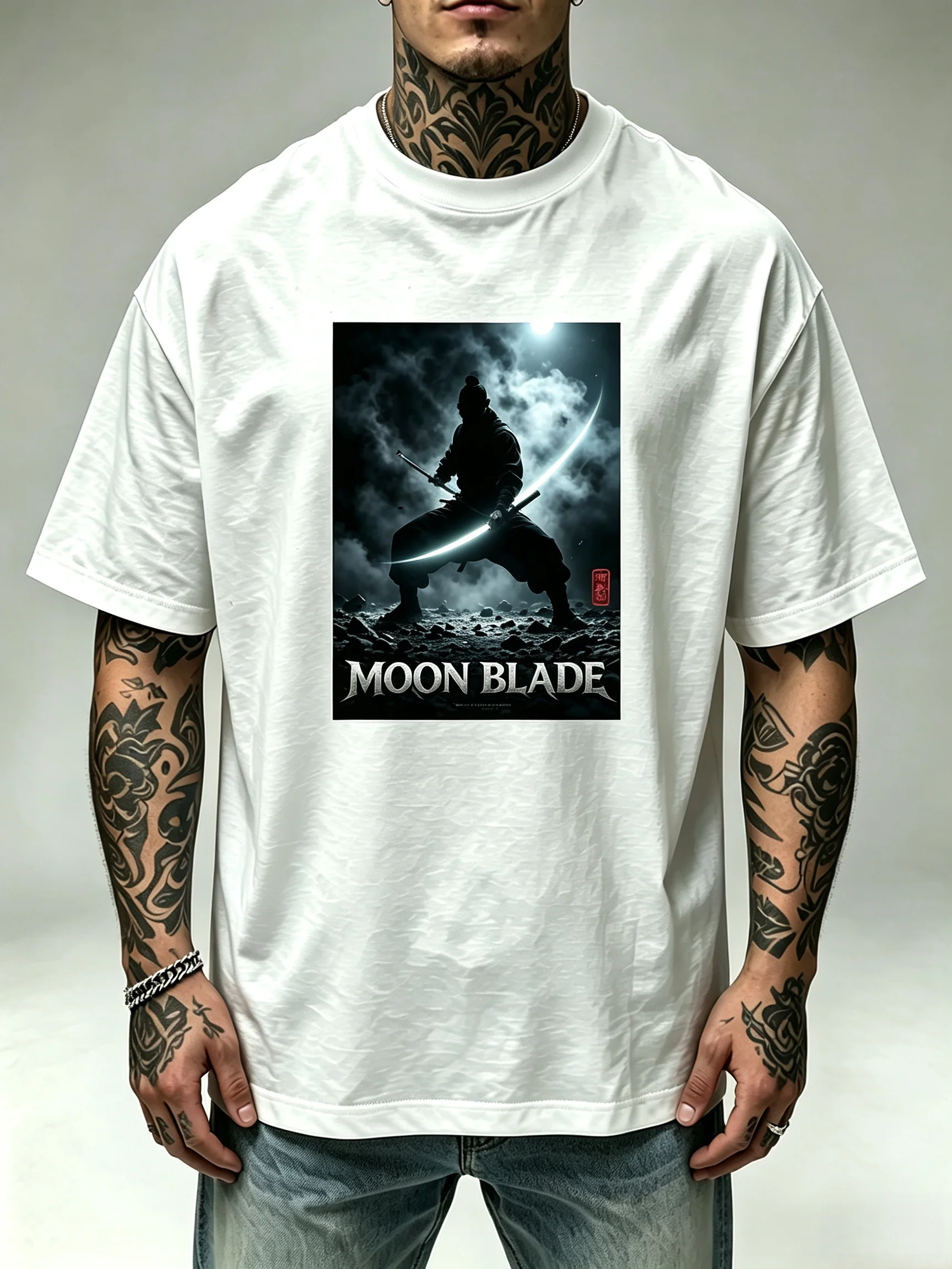 Unisex Moon Blade Night Samurai Warrior T-Shirt Men Women Dark Mist Moon Sword Oriental Martial Arts Print Oversized Short Sleeve Streetwear Tops