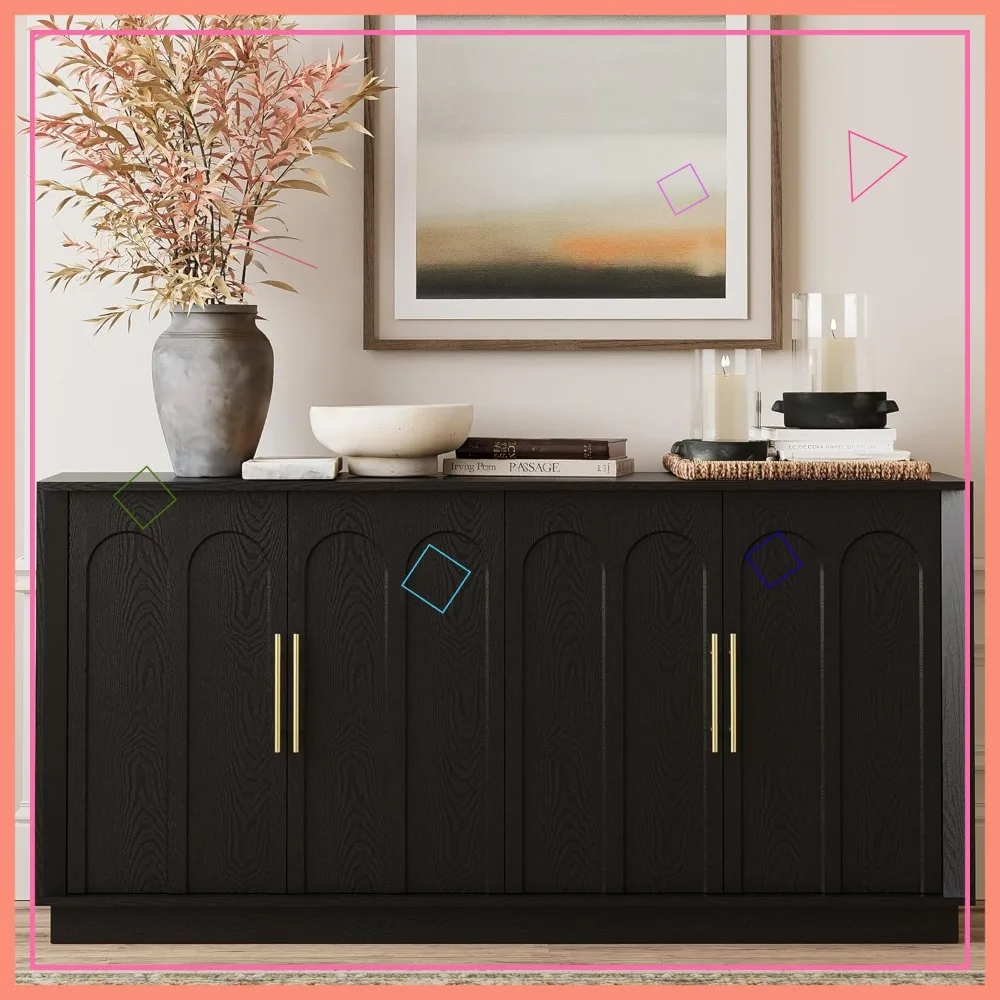 

Современный черный буфет с арочными дверцами, 67 дюймов, большой шкаф для хранения для гостиной и кухни