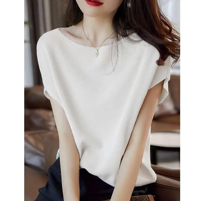 Temperament Summer One Line Neck Solid Color Women's Ice Silk Face Screw Thread Fashion Short Sleeve T-shirt Loose Knitting Tops