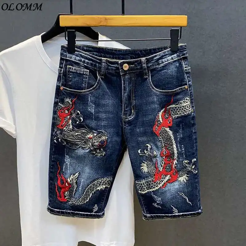 

Men's Jeans Summer New Denim Shorts Fashion Dragon Embroidered Chinese Pants National Slim Fit Cropped Korean Japan streetwear