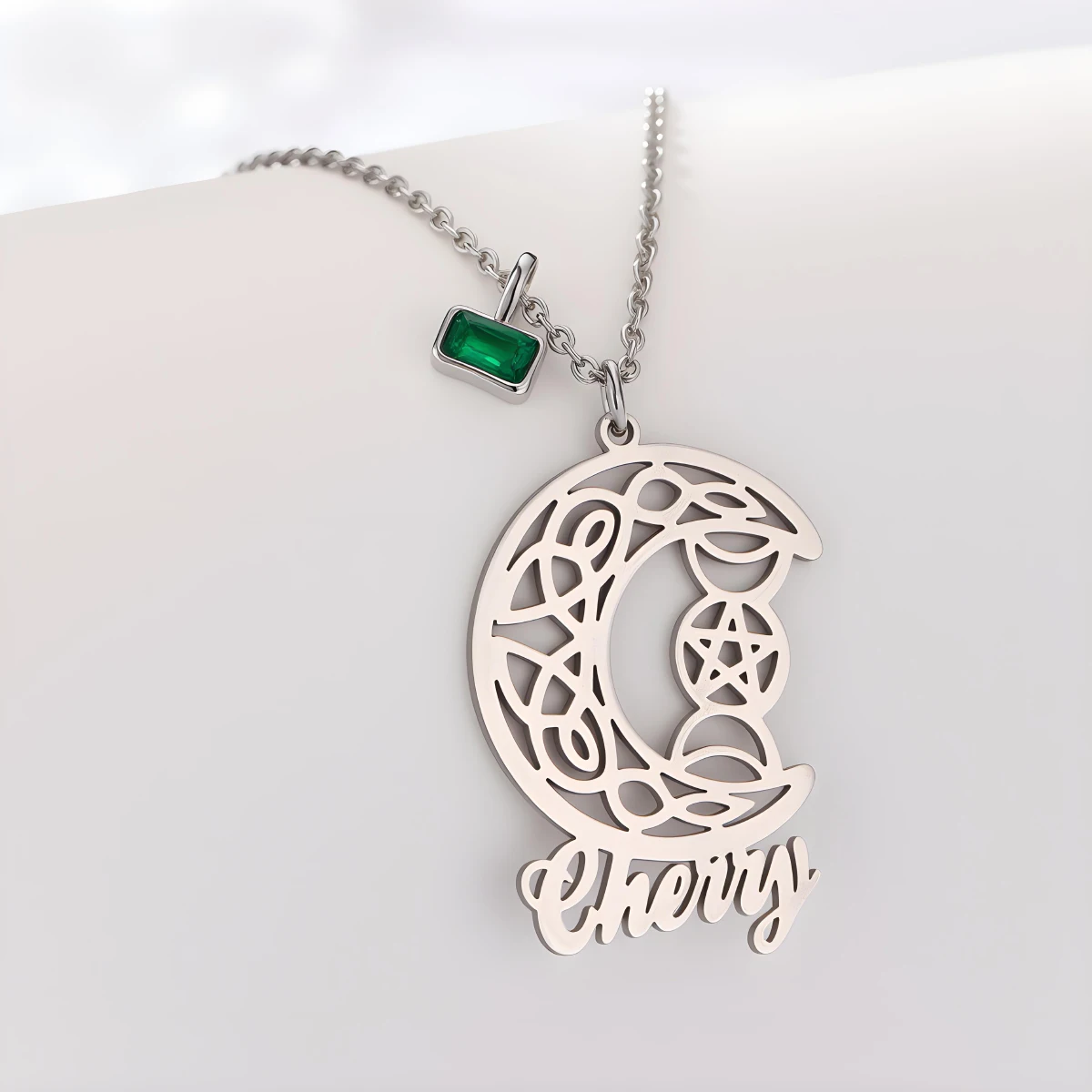 

Chandler Custom Name Vintage Pentacle Pendant Necklace Crescent Moon Phase Wiccan Amulet Stainless Steel Necklace