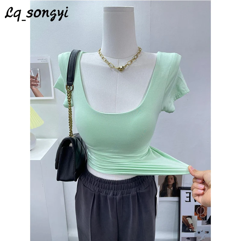 

Lq_songyi Summer Low O Neck T Shirts Women with Chest Pads Elegant Sexy Top Short Sleeve High Strecth Solid Slim Thin T Shirt