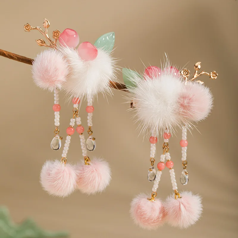 Cute Kids Girls Chinese Hanfu Fluffy Pink Pom Pom Peach Tassel One Pair Hair Clips Winter Plush Barrettes For Daily Party Wear