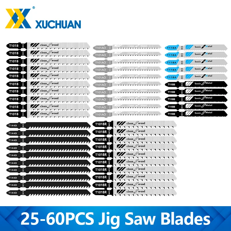 

XUCHUAN Jig Saw Blade Straight Cutting Tool 25/40/48/50/52/55/60PCS HCS Steel T Shank Metal/Wood Jig Saw Blads Hand Tools
