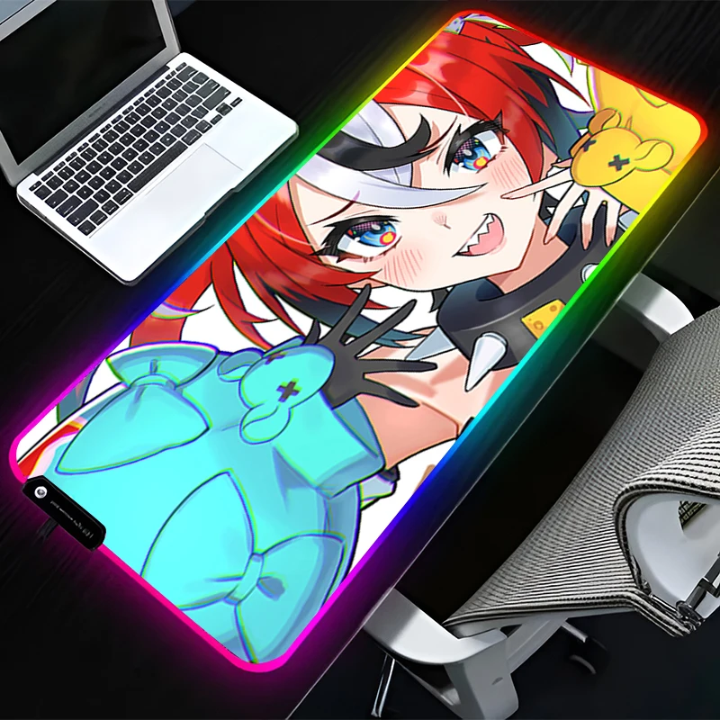 RGB LED Mouse Pad Computer Gamer Accessories Mouse Mat Rubber HD Keyboard Pad Non Slip Mousepad H-hololive Hakos Baelz Desk Mat