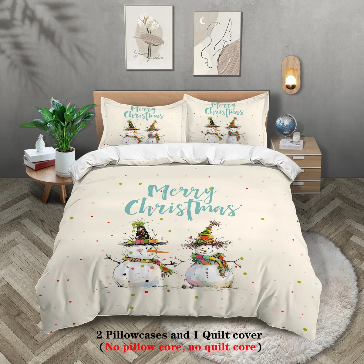 

3pcs Merry Christmas snowman themed bedding set, 1*duvet cover+2*pillowcase, for teenagers and adults bedroom, Christmas gift