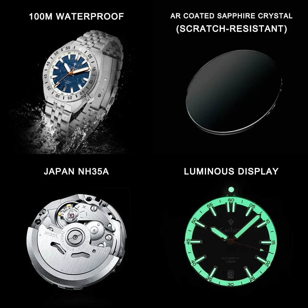 CADISEN Automatic Mechanical Watch Man Meteorite Dial Business Casual Waterproof Watch NH35A 316L Stainless Steel Men\'s Watch