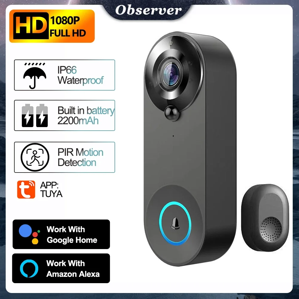 2MP, 1080P, 홈 링 초인종 카메라, 양방향 인터콤, 무선 WiFi, 비주얼 투야 스마트 비디오 초인종, 알렉사 구글 홈 지원