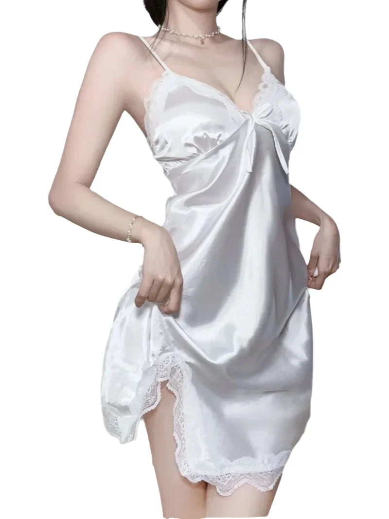New Lace Dress Women Thin Sexy Pajama Solid Fork Lace Camisole Backless Silk Summer Mature Charm Transparent Enthusiasm 5YN0