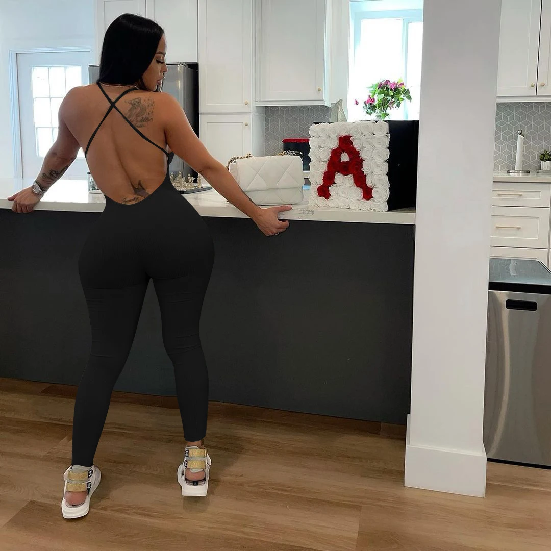 จั๊มสูทสายเดี่ยวผ้าริบสีพื้นสำหรับผู้หญิง จั๊มสูทลำลองสำหรับเล่นโยคะ