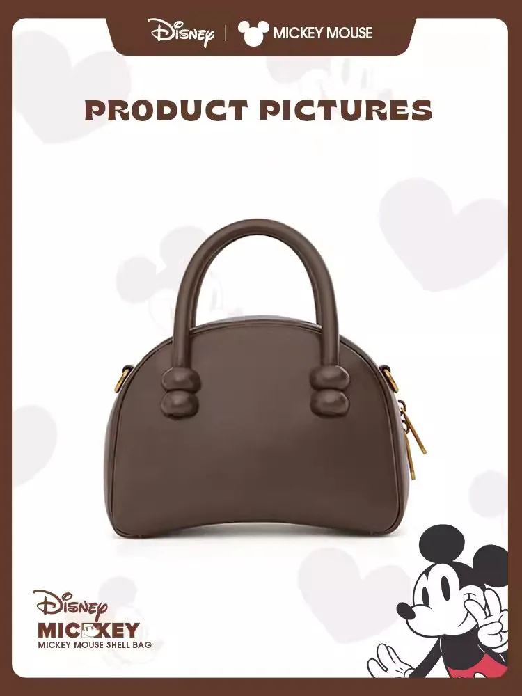 Disney Retro Handbag Cartoon Mickey Badge Crossbody Bag Advanced PU Leather Solid Color Commuting Mini Women Shell Bag