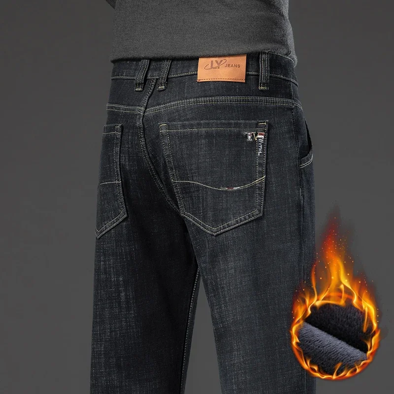 

Мешковатые джинсы из плотного флиса для мужчин, новые классические прямые эластичные теплые модные джинсовые брюки больших размеров 42, 44, 46, черные, синие