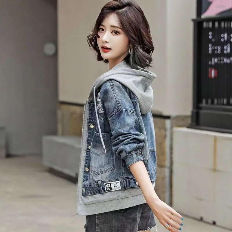 

Pullover Denim Jackets Hooded Tops Anime Hoodies for Women Female Streetwear Sweatshirt Graphic with Letter Prints Autumn Hoodie