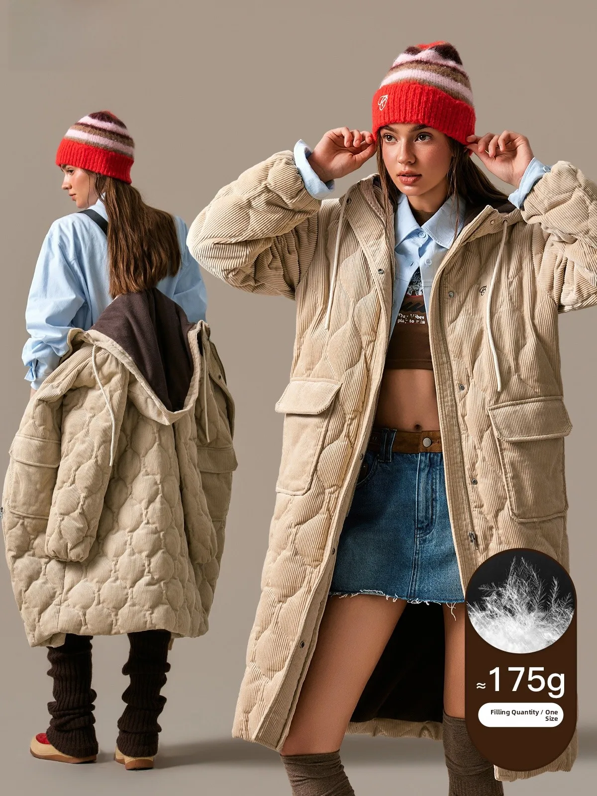 

Women's Letter Pattern down Jacket 2025 Winter New Style Faux Corduroy Inner Strap 90 Duck down Hooded Fleece Lined Coat
