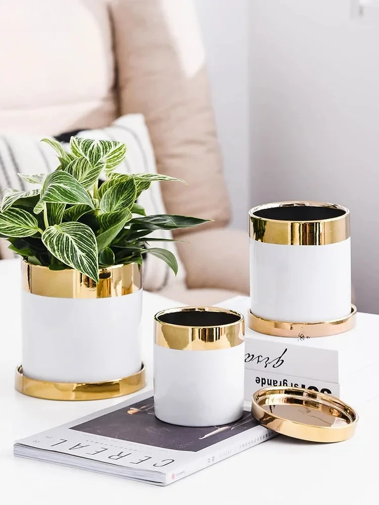 European Style Luxury Emerald Ceramic Flowerpot Gilded Border Plant Flower Vase Flower Pot Office Living Room Home Decoration