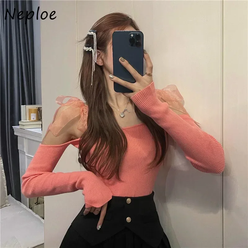 Neploe Sexy Slash Neck Strapless Shoulder Pullover Sweater Women Pullover Long Sleeve Slim Fit Solid Tees Spring 2024 New Top