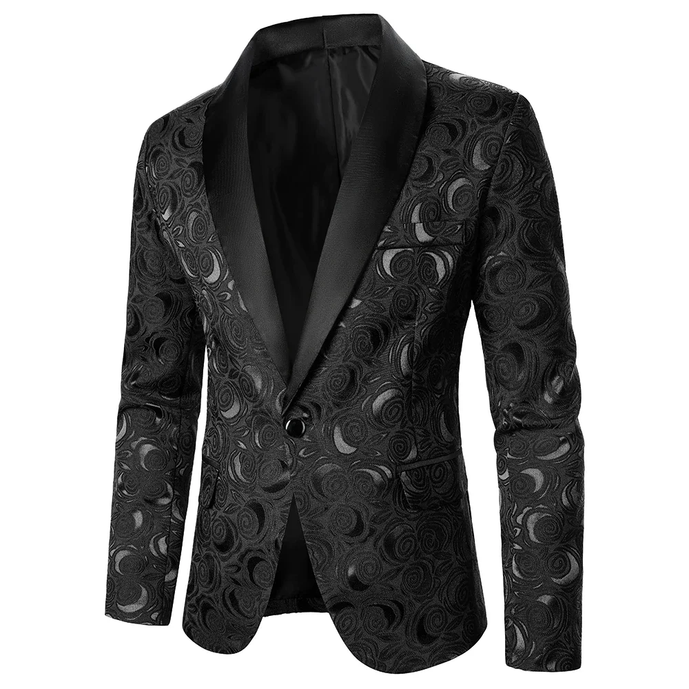 Men Suit Coat Rose Pattern Bright Jacquard Fabric Contrast Color Collar Party Luxury Design Causal Fashion Slim Fit Men Blazer