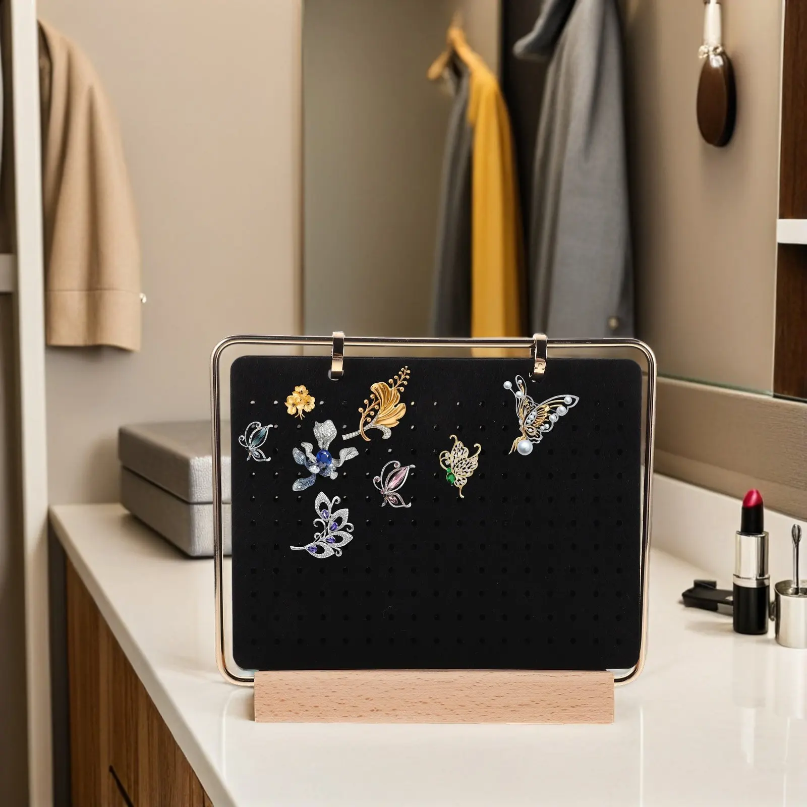 

6-Page Felt Pin Display Board with Sturdy Wooden Base for Brooch Enamel Jewelry Organizer Easy Flip Storage Calendar Badge