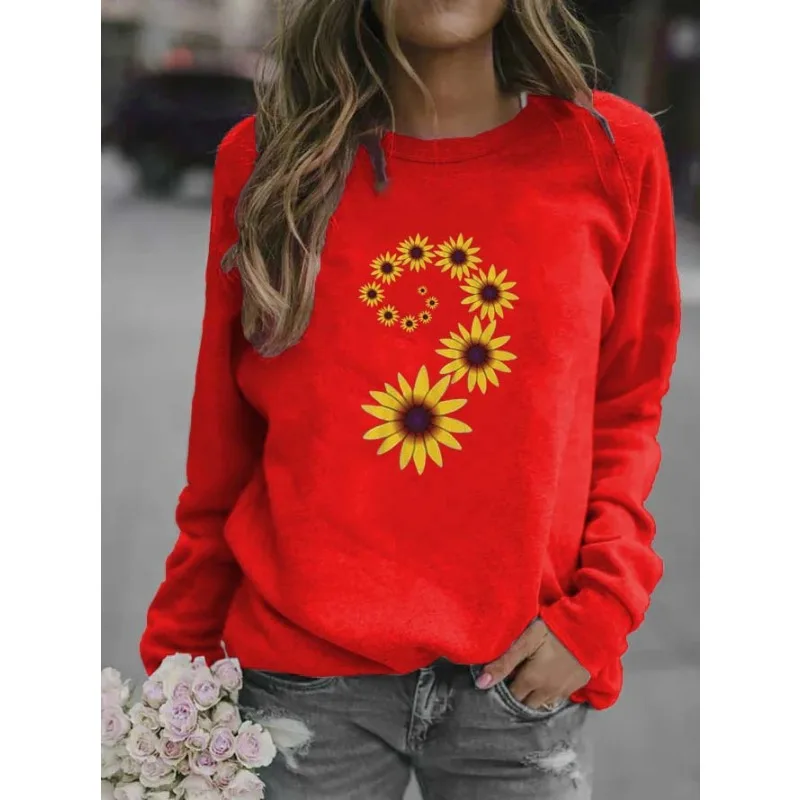 Women\'s Sunflower Print Crew-neck Hoodie Sweatshirts  Streetwear Women  Clothes  Sweatshirt  Aesthetic