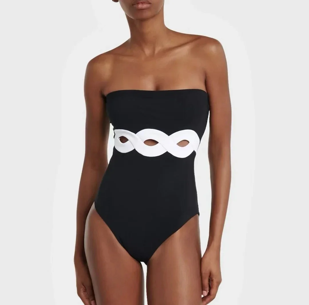 Traje de baño de una pieza para mujer, bañador Sexy con cuello de pico profundo, corte de bloque de Color, ropa de playa de verano, conjunto de