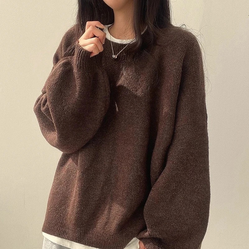

Chic Autumn Winter Soft Knitted Loose Lantern Sve round Ne Side Slit Sweater Faionable Versatile Comfortable Women's Top