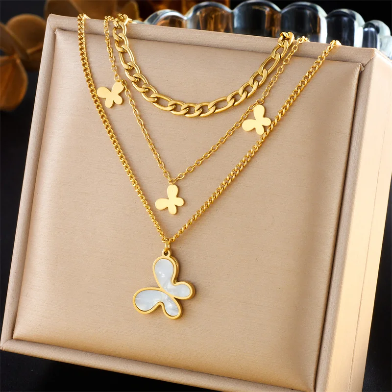 

18K Gold Triple Layer Butterfly Pendant Necklace with Shell Inlay 316L Stainless Steel Women Sweet Jewelry