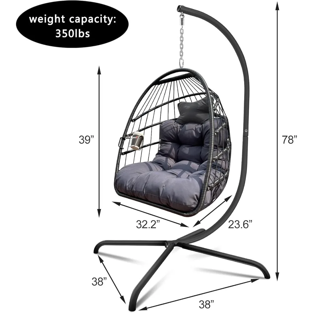 Swing Egg Chair with Stand, UV Resistant Cushion Foldable Frame Wicker Hanging Chairs with Cup Holder, Patio Swings