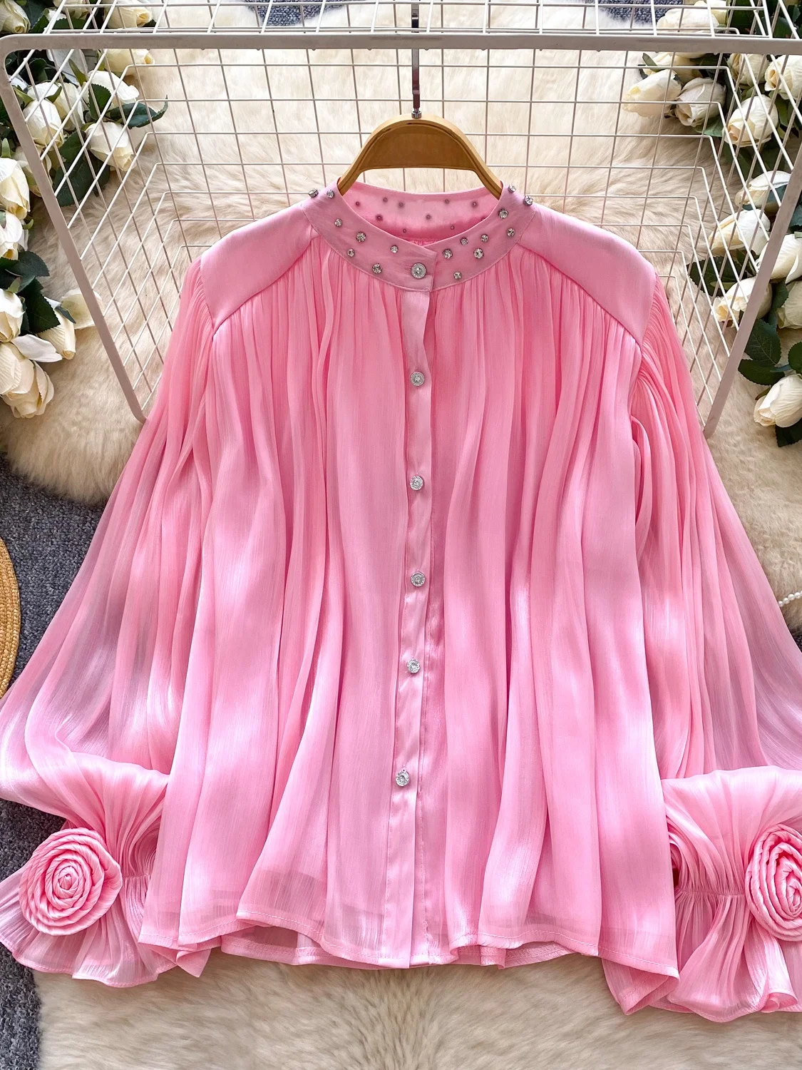 

Женская корейская блузка Ele Gentle Wind Ruffle Sve с рюшами и стразами, свободного кроя, дышащая, стройнящая, для повседневной носки