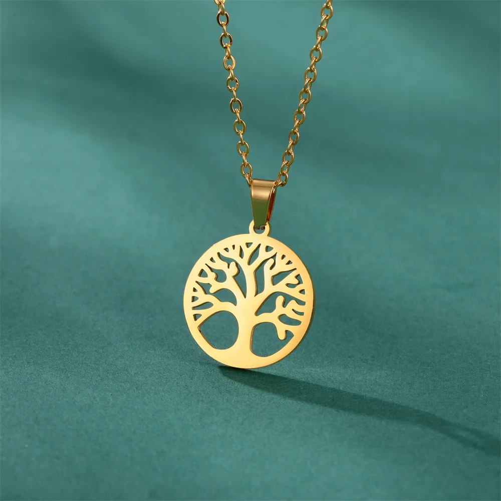 EUEAVAN Tree of Life Hollow Out Round Pendant Necklace for Woman Girl Stainless Steel Fashion Cutout Design Jewelry Party Gifts