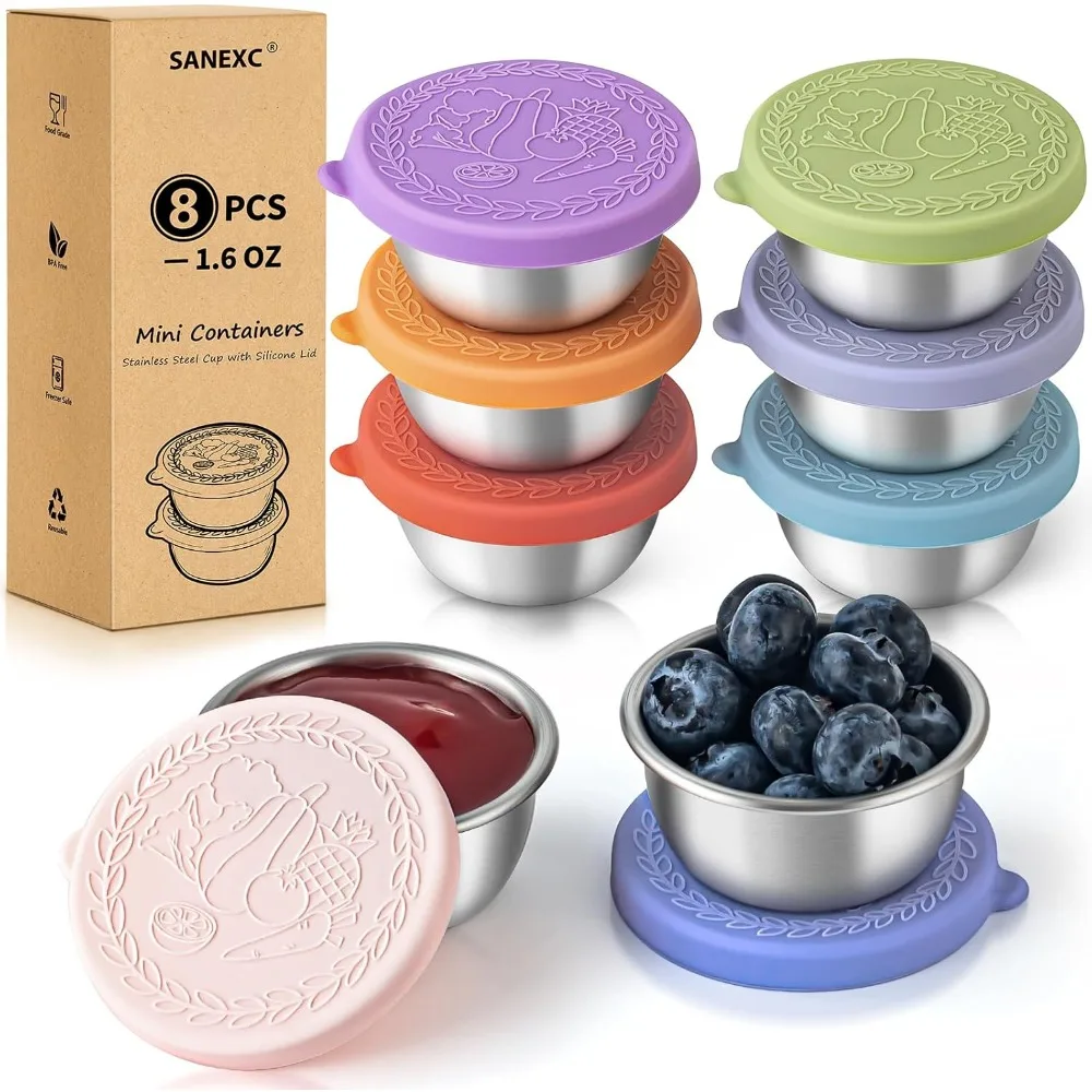 

8-pack of 1.6 oz small salad dressing containers, portable, leak-proof condiment containers with lids.