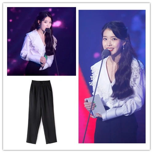 

Kpop IU Lee Ji Eun Korean 2023 Women Office Pants Solid Black Loose Wide Leg Trousers Casual High Waist Summer Straight Pants