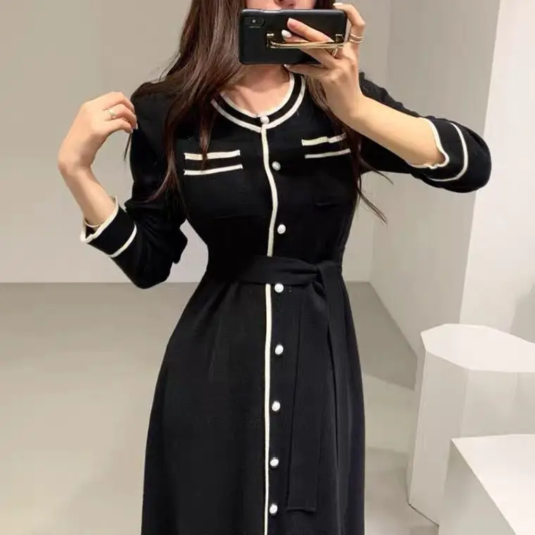 Temperament Contrasting Colors Vintage Maxi Dresses for Women Sweater Belt Waist Loose Autumn Vestidos De Mujer Lady Knitted