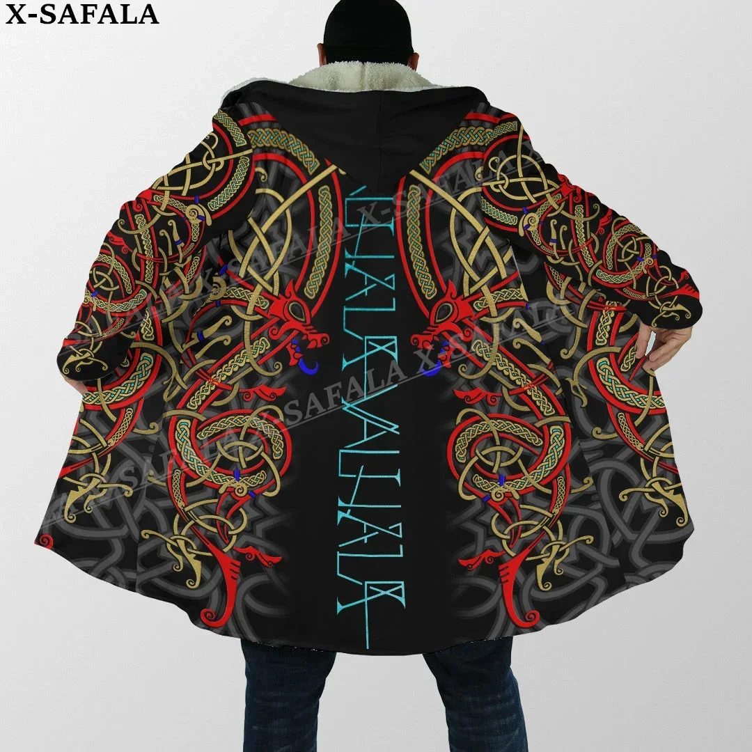 Symbol Tattoo Raven Odin Viking Mythology Thick Warm Hooded Cloak Men Overcoat Coat Windproof Fleece Cape Robe Hooded Blanket-4