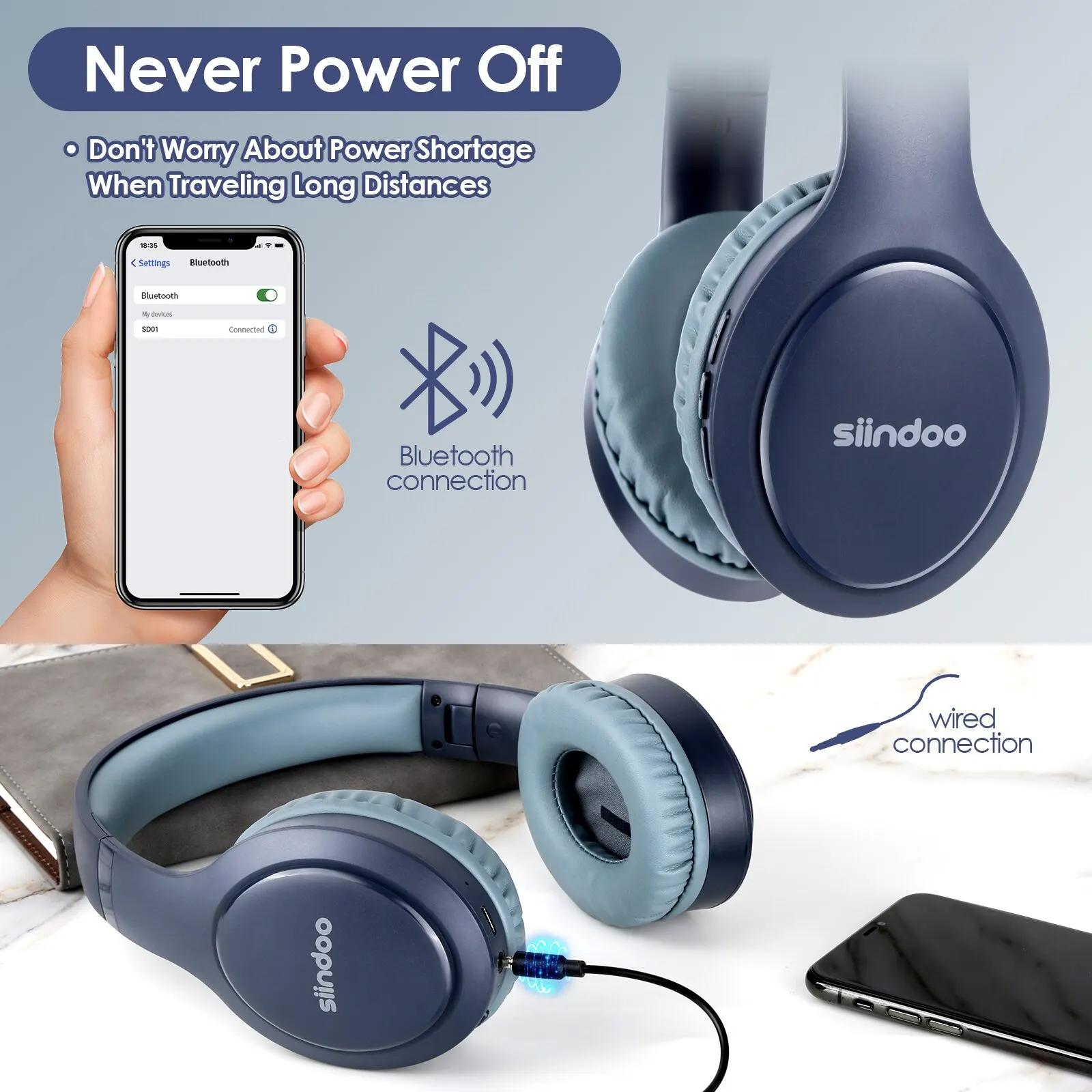 Siindoo JH-919ワイヤレスBluetoothヘッドフォンピンク & ブルー折りたたみ式ステレオイヤホン超低音ノイズキャンセリングマイクラップトップテレビ用