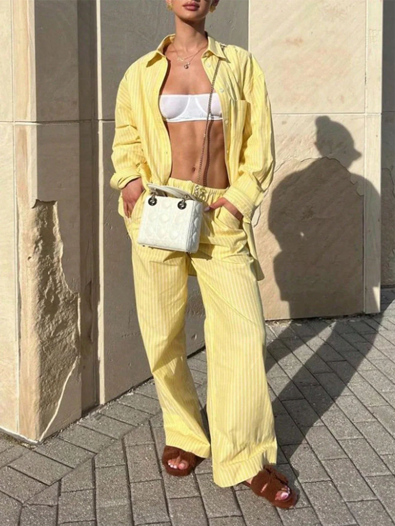 

Women's Striped Drop Shoulder Long Sleeve Blouse And Wide Leg Pants Set Casual Spring Summer Two-Piece Outfit