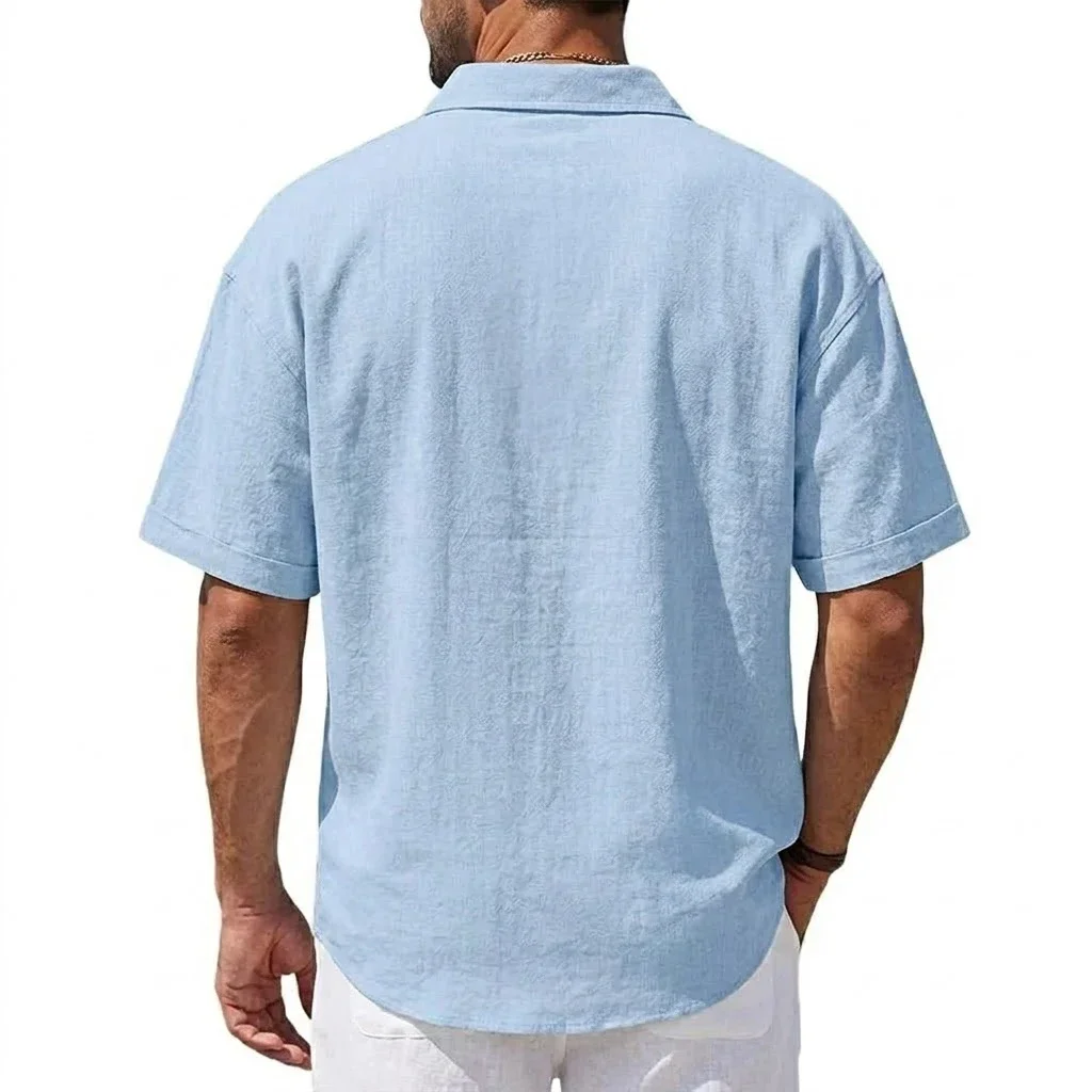 Sommer Kurzarm-Hemden Herren Casual Leinen T-Shirts Baumwoll-Hemden mit Kragen Herren Strand-Hawaiihemd Sommer Fitness T-Shirts – Detail 6