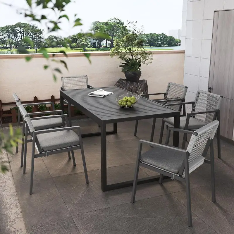

Outdoor Dining Set, Six Chairs & Aluminum Table, Gray & Black Colors