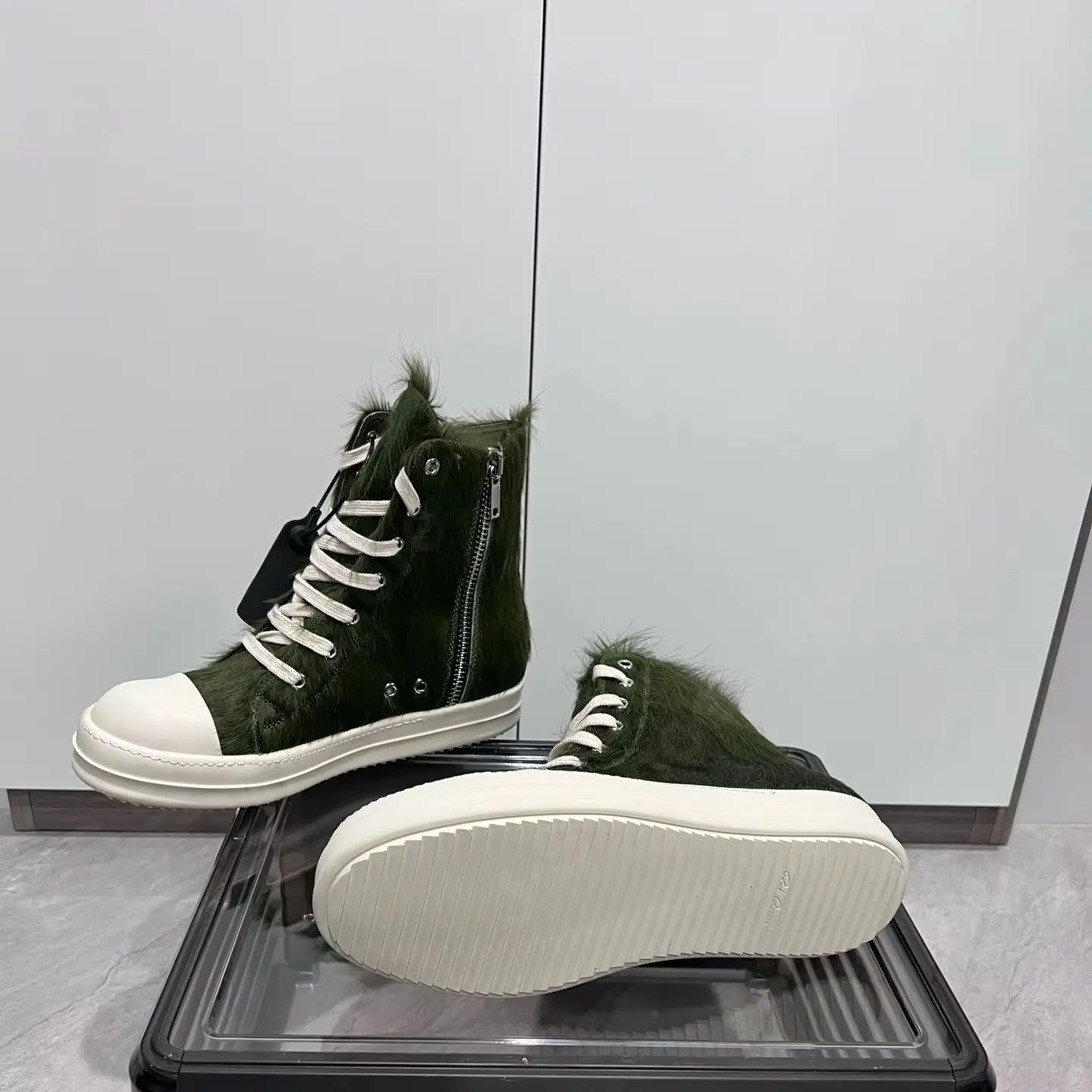 Ricks sepatu rambut kuda Owens pria desain klasik Sneakers tinggi wanita sepatu bulu kuda hijau tentara ritsleting renda Sneakers luar