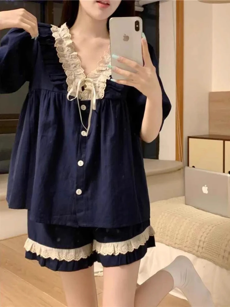 

Large Size 300 Pounds Lace Splicing V-neck Sleepwear Set Women Summer Sweet Short Sleeve Shorts Home Clothes Two-piece Set