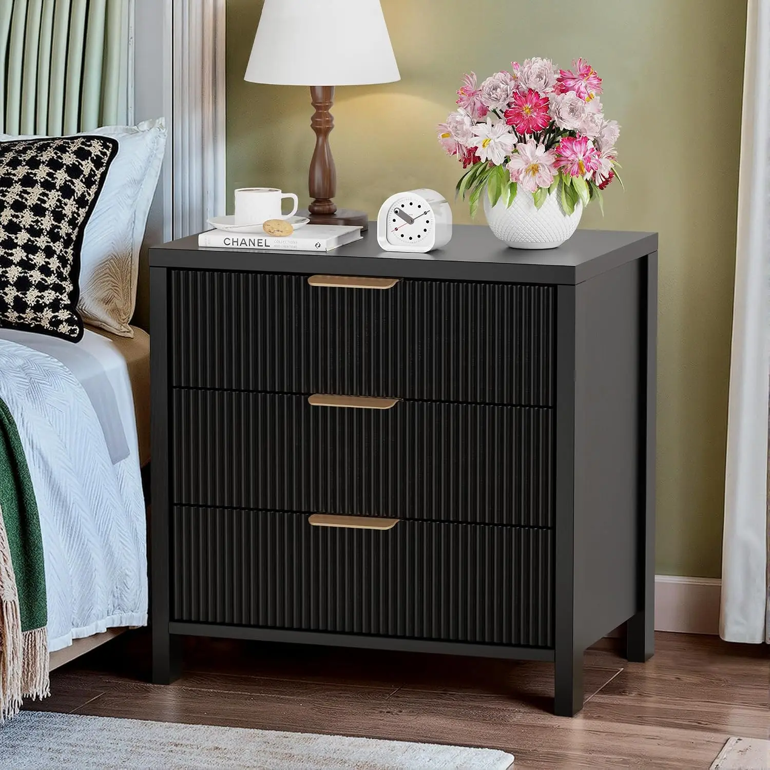 Fluted 23.7'' Nightstand with 3 Drawers Mid-Century Modern Bedside Table with Handles Wood End Table Bedroom Black, Customized