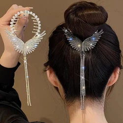 New Angel Wings Hair Bun Hair Clips Women Girls Rhinestone Tassel Ponytail Button Hairpin Golden Fashion Accessories