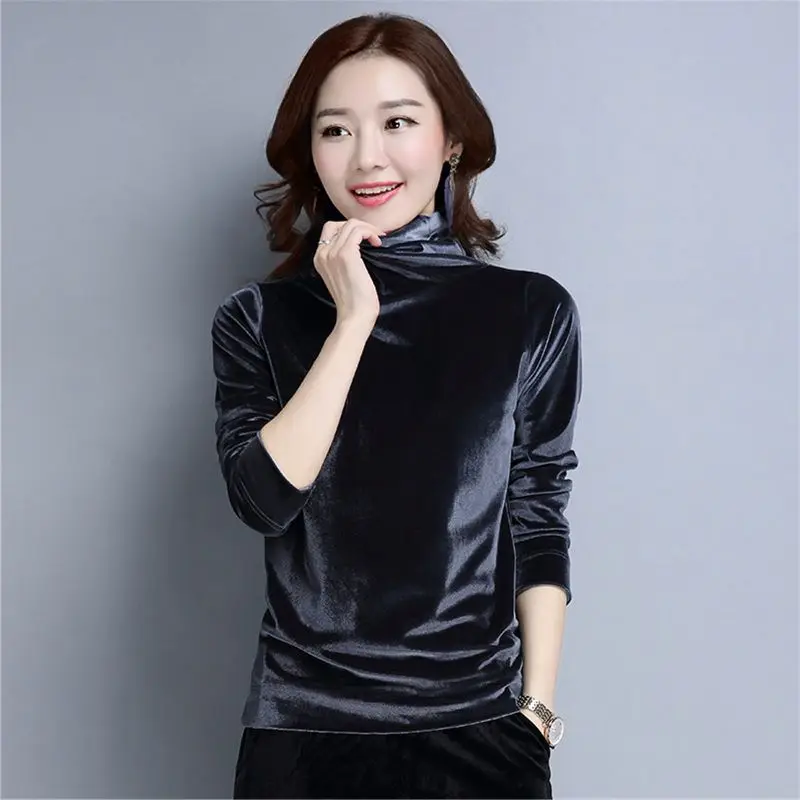 High Collar Gold Velvet Fashion Solid Color Underlay Shirt for Women AutumnWinter New Korean Version Slim Fit Underlay Top