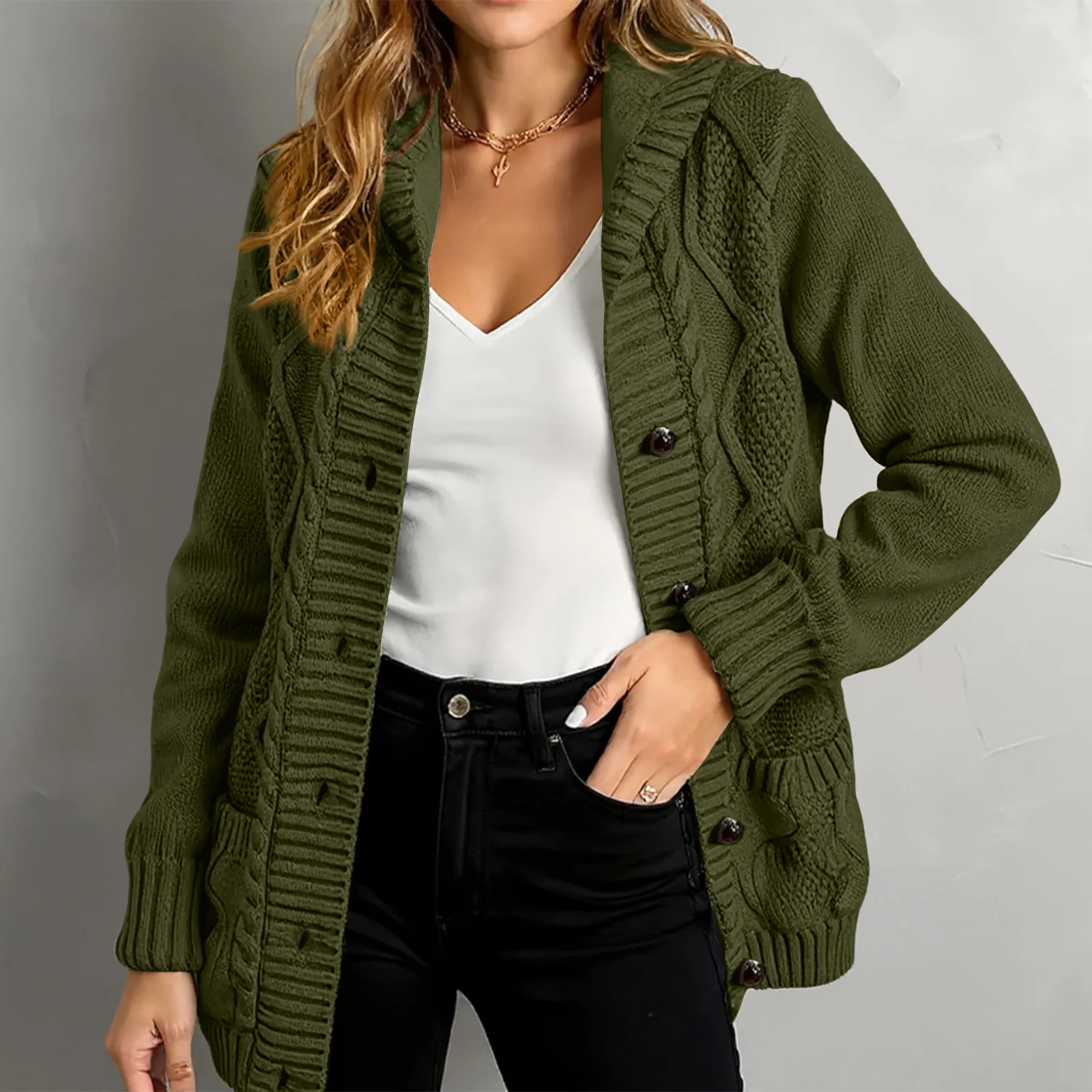 Damski sweter rozpinany z kapturem, dzianinowy, jesienno-zimowy, casualowy, jednolity kolor, długi rękaw, kieszenie, płaszcz, strój na co dzień.