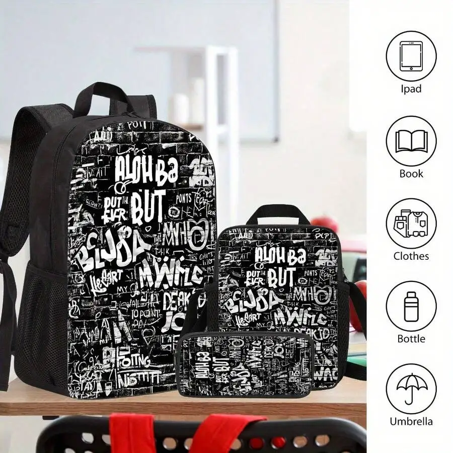 Graffiti Print 3 Piece Backpack Set with Lunch Bag