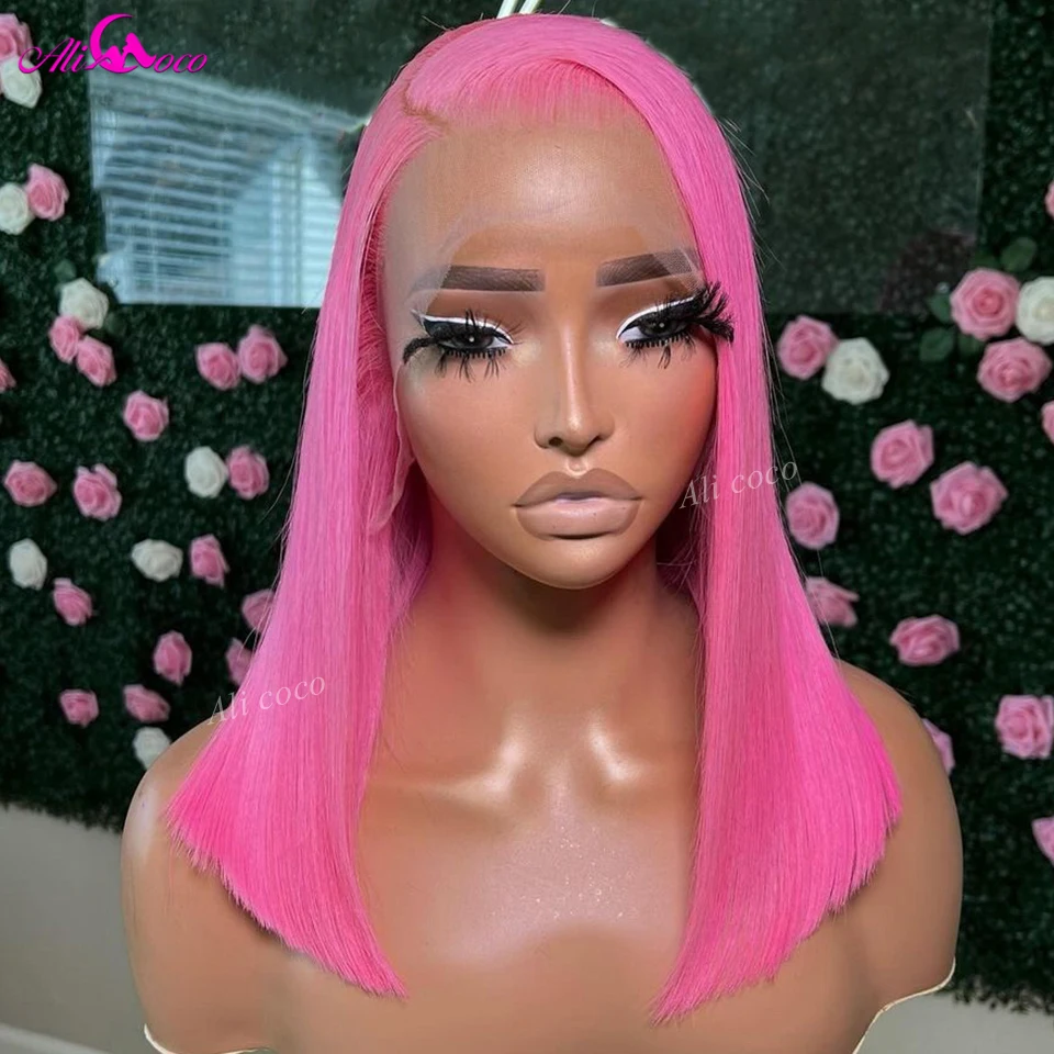 

613 Pink Bob Straight 13x4 Lace Front Wig Remy Hair Lace Frontal Human Hair For Women Transparent Pre Plucked Wig