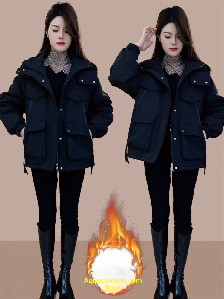 

Fashionable Thickened Fleece Women's Jacket Hooded Korean Style Loose Fit Winter Coat Stylish Outerwear for Commuting